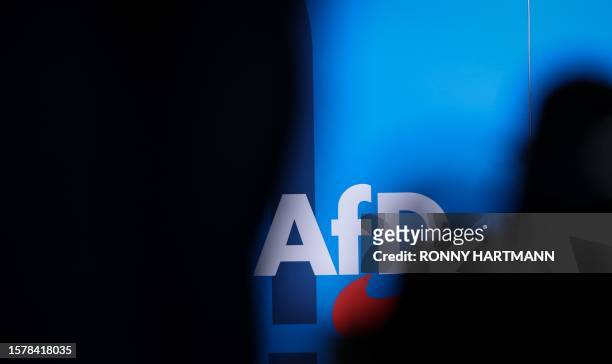 The AfD logo is pictured during the European Election Assembly of German far-right party Alternative for Germany at the fair grounds in Magdeburg,...