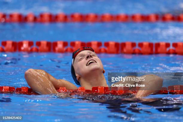 Katie Ledecky of Team United States celebrates winning gold in the in the Women's 800m Freestyle Final on day seven of the Fukuoka 2023 World...
