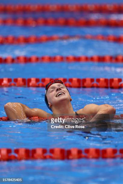 Katie Ledecky of Team United States celebrates winning gold in the in the Women's 800m Freestyle Final on day seven of the Fukuoka 2023 World...