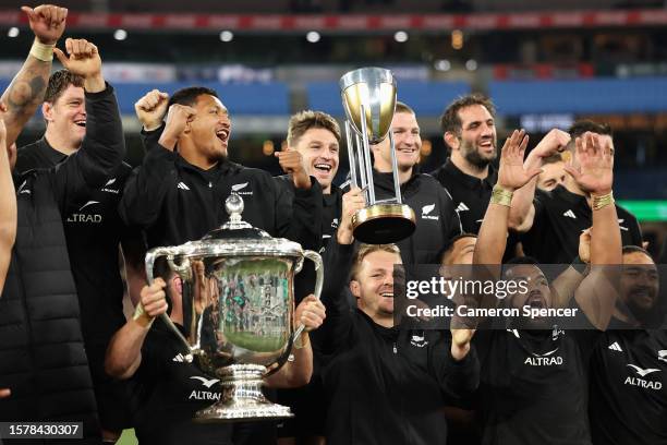Injured All Blacks captain Sam Cane celebrates with team mates after winning The Rugby Championship & Bledisloe Cup match between the Australia...
