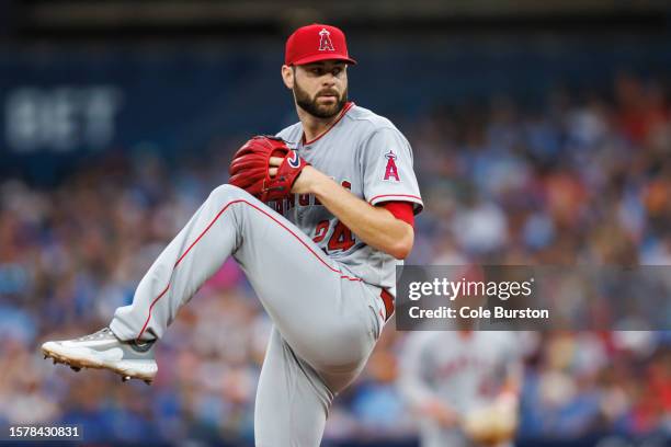 Lucas Giolito of the Los Angeles Angels pitches in the first inning of their MLB game against the Toronto Blue Jays at Rogers Centre on July 28, 2023...