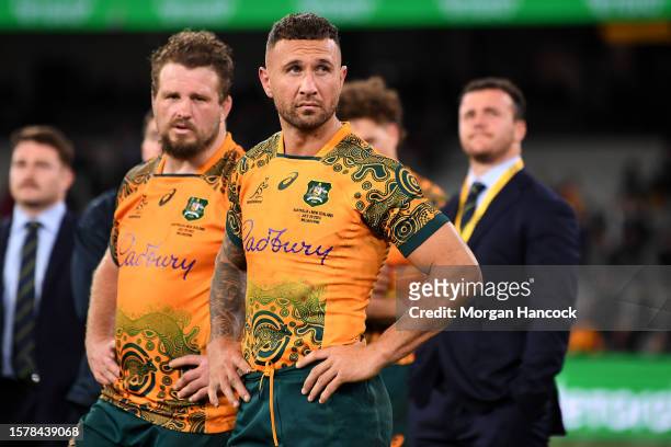 James Slipper and Quade Cooper of the Wallabies watch on following the The Rugby Championship & Bledisloe Cup match between the Australia Wallabies...