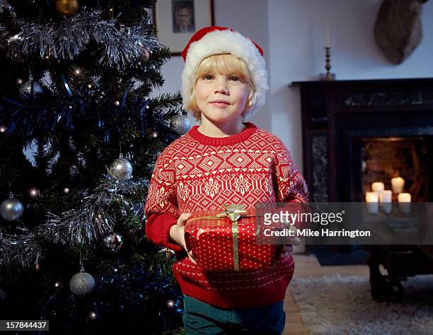child holding christmas present beside tree. - maglione foto e immagini stock