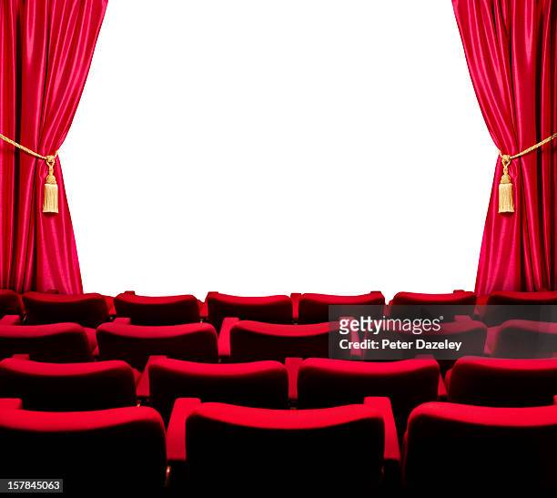 theatre seats with open curtain and white screen - drapery stock pictures, royalty-free photos & images