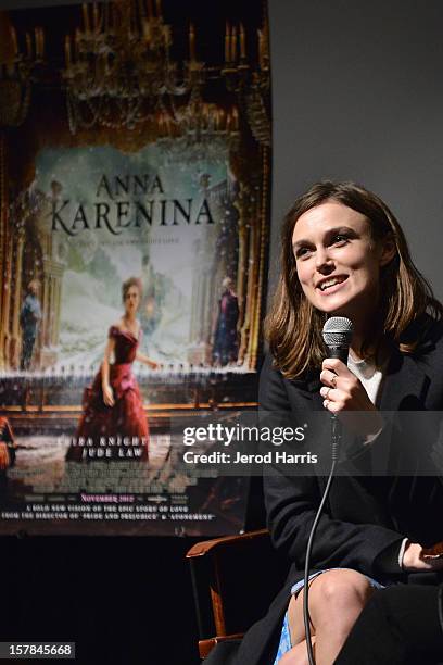 Actress Keira Knightley participates in a Q&A session following TheWrap's Awards Season Screening Series of "Anna Karenina" on December 6, 2012 in...