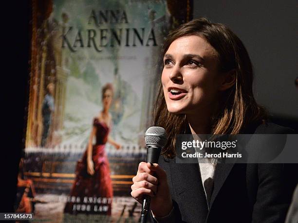 Actress Keira Knightley participates in a Q&A session following TheWrap's Awards Season Screening Series of "Anna Karenina" on December 6, 2012 in...