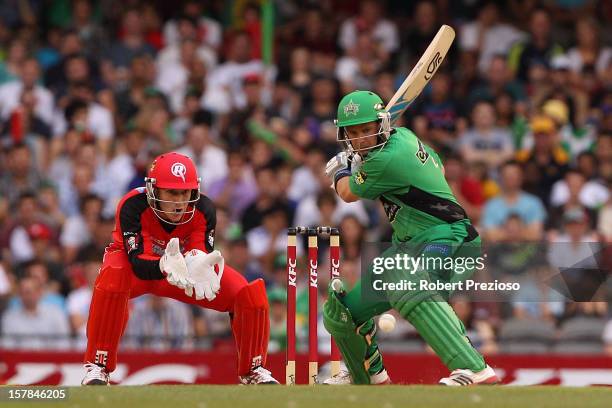 Brad Hodge of the stars plays a shot during the Big Bash League match between the Melbourne Renegades and the Melbourne Stars at Etihad Stadium on...