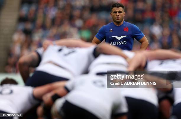 France's full-back Brice Dulin watches the scrum during the Pre-World Cup Friendly Rugby Union match between Scotland and France at Murrayfield...