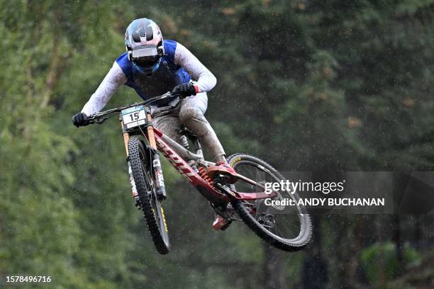 France's Dylan Levesque competes in the men's elite mountain bike downhill final at the Nevis Range Mountain Resort, near Fort William in the...