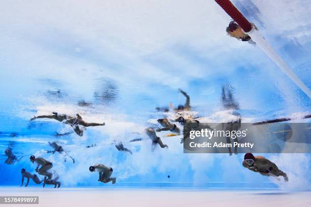 Members of Team France enter the water in the Men's Water Polo Classification 5th-6th Place match between Italy and France on day 14 of the Fukuoka...