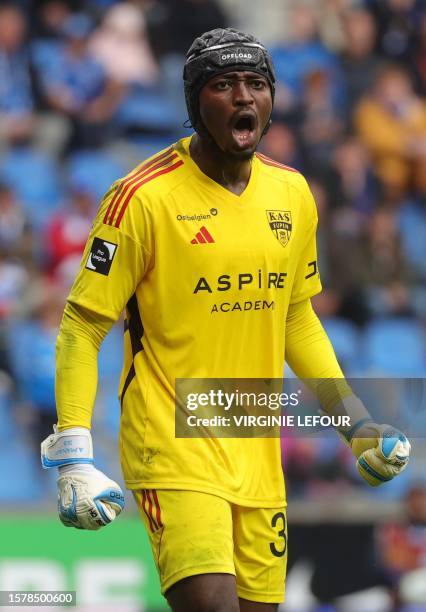 Eupen's goalkeeper Abdul Manaf Nurudeen celebrates during a soccer match between KRC Genk and KAS Eupen, Saturday 05 August 2023 in Genk, on day 2/30...