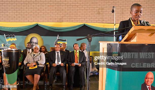 Thuthukile Zuma speaks at the Jacob Zuma Centennial lecture on December 6, 2012 in Potchefstroom, South Africa. The lecture is part of the ANC’s...