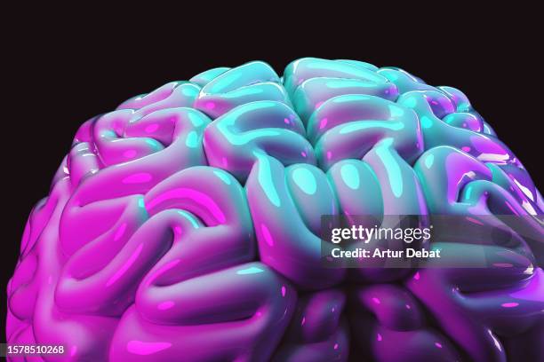3d render of a digital brain illuminated with neon lights in black scenario. - neurotransmitter stock pictures, royalty-free photos & images