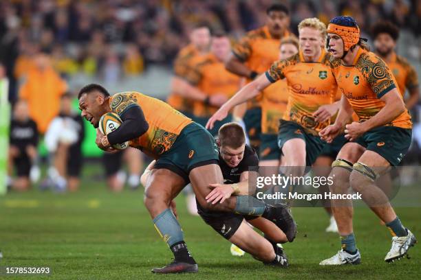 Samu Kerevi of the Wallabies is tackled during the The Rugby Championship & Bledisloe Cup match between the Australia Wallabies and the New Zealand...