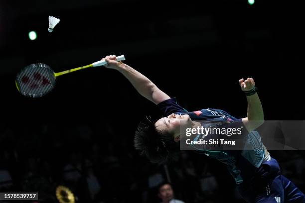 He Bingjiao of China competes in the Women's Singles Semi Finals match against Gregoria Mariska Tunjung of Indonesia on day five of the Japan Open at...