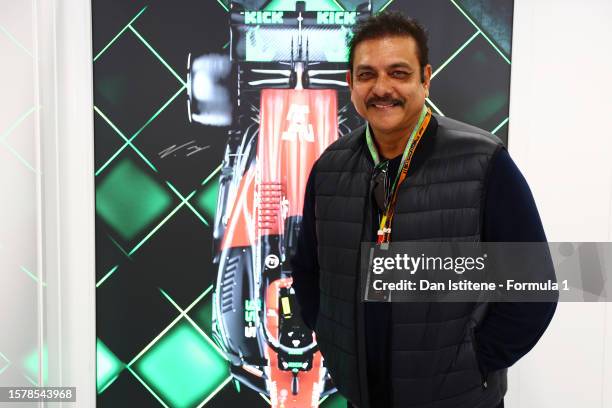 Ravi Shastri poses for a photo in the Alfa Romeo F1 garage prior to the Sprint ahead of the F1 Grand Prix of Belgium at Circuit de Spa-Francorchamps...