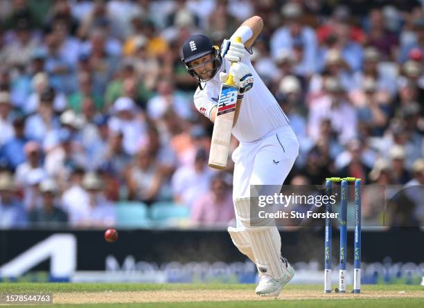 England batsman Joe Root driv a ball for four runs during day three of the LV= Insurance Ashes 5th Test Match between England and Australia at The...