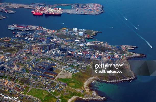 nuuk from the air - city center and the harbor, greenland - nuuk greenland stock pictures, royalty-free photos & images
