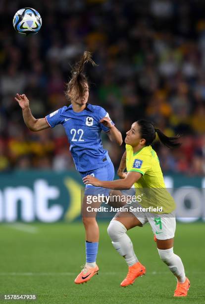 Eve Perisset of France and Debinha of Brazil compete for the ba during the FIFA Women's World Cup Australia & New Zealand 2023 Group F match between...