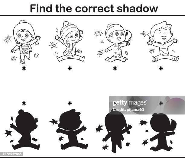 educational game for children. find the right shadow. kids playing with falling leaves in autumn - worksheet stock illustrations