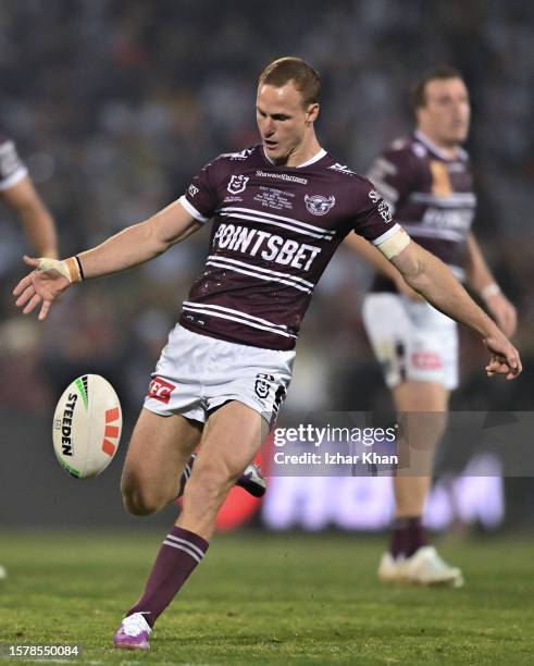 Daly Cherry-Evans of the Manly Sea Eagles kicks the ball during the round 22 NRL match between St George Illawarra Dragons and Manly Sea Eagles at...