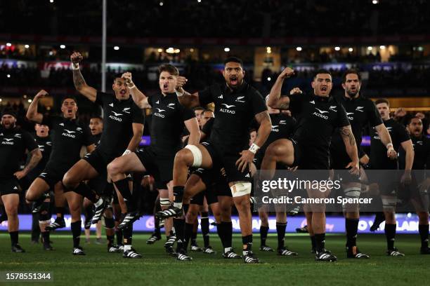 Ardie Savea of the All Blacks and team mates perform the Haka during the The Rugby Championship & Bledisloe Cup match between the Australia Wallabies...