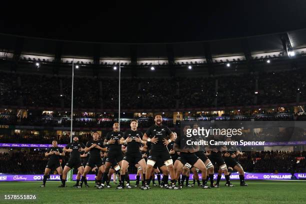 Ardie Savea of the All Blacks and team mates perform the Haka during the The Rugby Championship & Bledisloe Cup match between the Australia Wallabies...