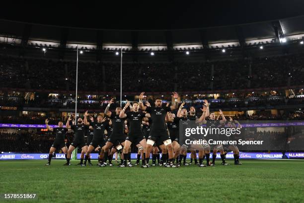 Ardie Savea of the All Blacks and team mates perform the Haka during the The Rugby Championship & Bledisloe Cup match between the Australia Wallabies...