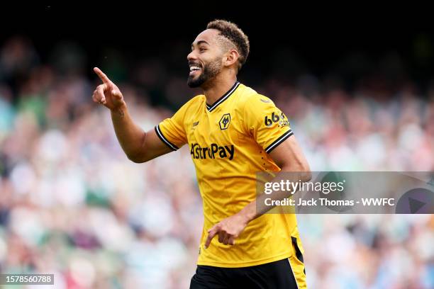Matheus Cunha of Wolverhampton Wanderers celebrates after scoring his team's first goal during the pre-season friendly match between Celtic and...