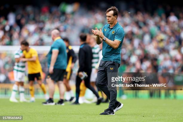 Julen Lopetegui, Manager of Wolverhampton Wanderers shows appreciation to the fans following the pre-season friendly match between Celtic and...