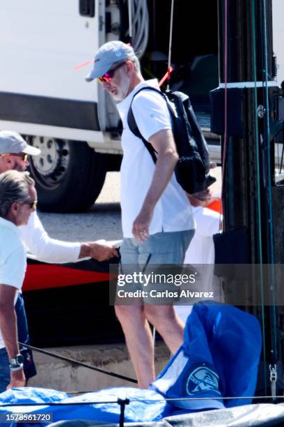 King Felipe VI of Spain is seen on board of the Aifos at the Puerto Pi during the preview days of the 41st Copa del Rey Mapfre Sailing Cup on July...