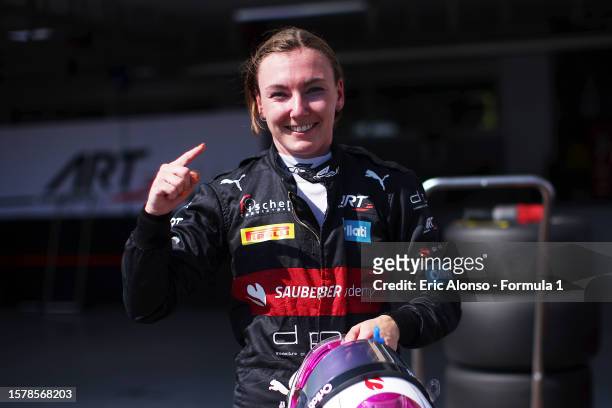 Pole position qualifier Lena Buhler of Switzerland and ART Grand Prix celebrates in parc ferme after qualifying for the F1 Academy Series Round 6:Le...