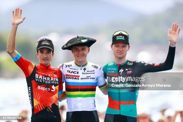 Pello Bilbao of Spain and Team Bahrain - Victorious on second place, race winner Remco Evenepoel of Belgium and Team Soudal - Quick Step with the...