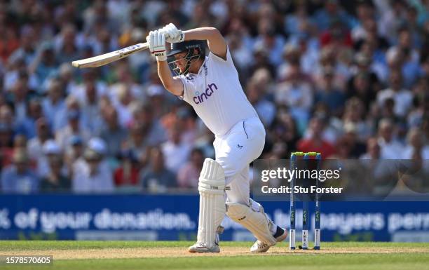 England batsman Jonny Bairstow cover drives to the boundary to reach his half century during day three of the LV= Insurance Ashes 5th Test Match...