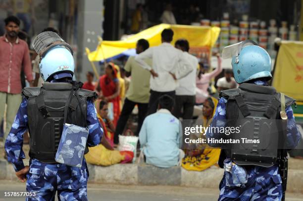 After the communal violence in Nuh, Rapid Action Force has been deployed at Gurugram-Sohna road in Badshahpur village to maintain law and order, on...