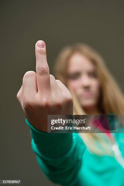 girl showing middle finger - kid middle finger imagens e fotografias de stock