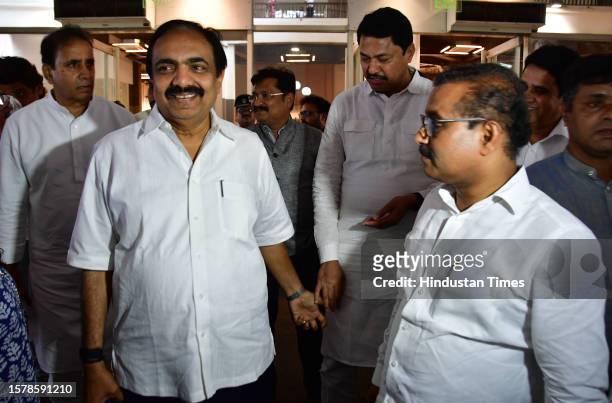 Maharashtra Congress leader Nana Pathole, NCP leader Jayant Patil along with other leaders leaves after Maha Vikas Aghadi meeting at Nehru Centre, on...