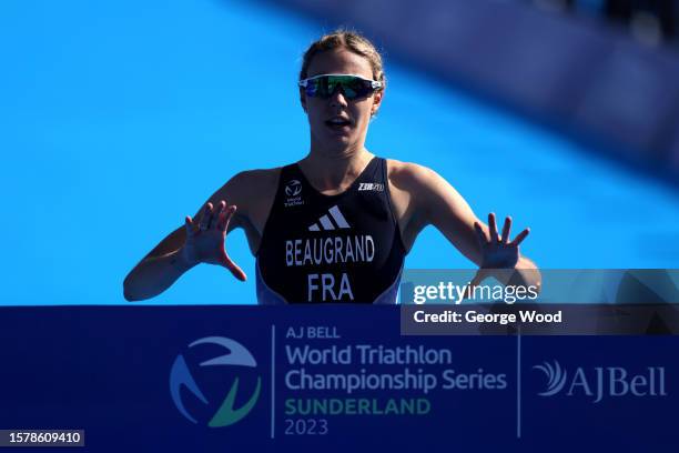 Cassandre Beaugrand of France wins the Elite Women's race during the World Triathlon Series Sunderland at Roker Beach on July 29, 2023 in Sunderland,...