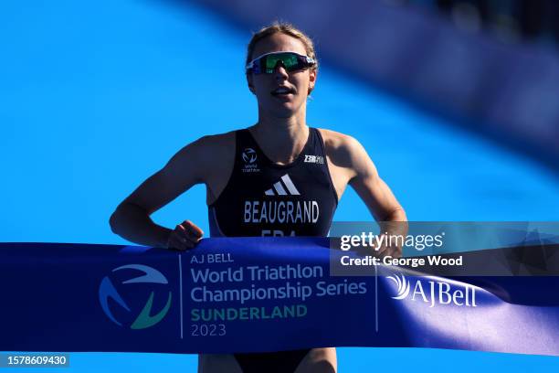 Cassandre Beaugrand of France wins the Elite Women's race during the World Triathlon Series Sunderland at Roker Beach on July 29, 2023 in Sunderland,...