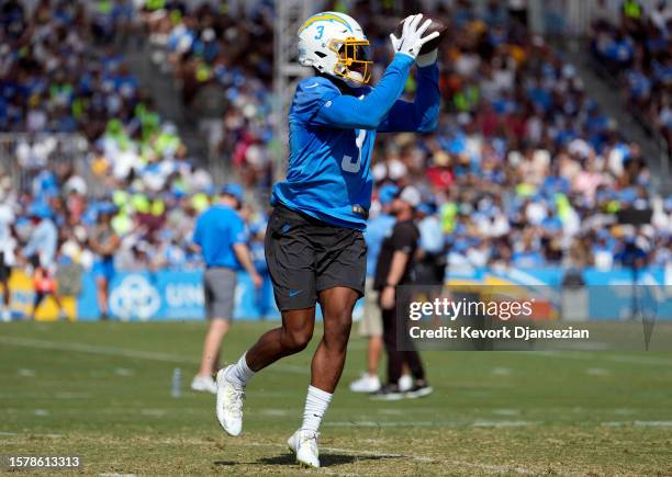 Safety Derwin James Jr. #3 of the Los Angeles Chargers catches the ball during training camp at Jack Hammett Sports Complex on August 5, 2023 in...