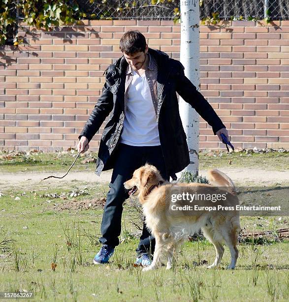 Iker Casillas is seen with his pet dog on December 6, 2012 in Madrid, Spain.