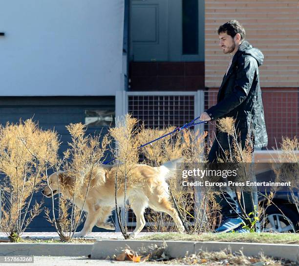 Iker Casillas is seen with his pet dog on December 6, 2012 in Madrid, Spain.