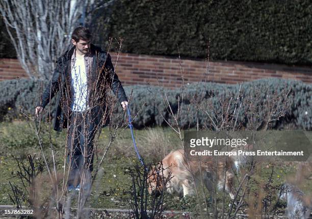 Iker Casillas is seen with his pet dog on December 6, 2012 in Madrid, Spain.