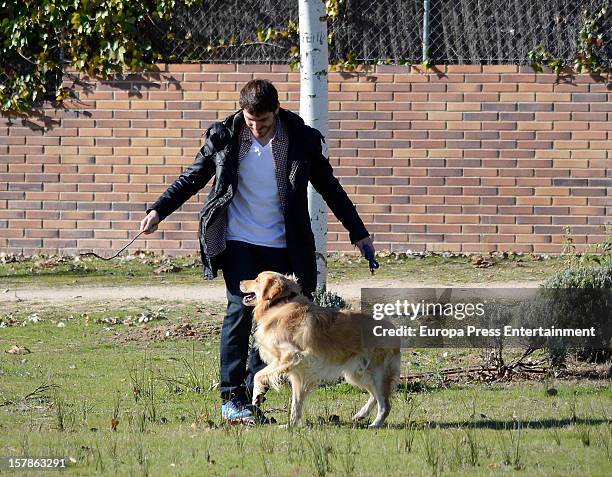 Iker Casillas is seen with his pet dog on December 6, 2012 in Madrid, Spain.