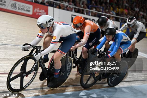 Britain's Emma Finucane leads heat 4 of round one of the women's Elite Keiren at the Sir Chris Hoy velodrome during the UCI Cycling World...