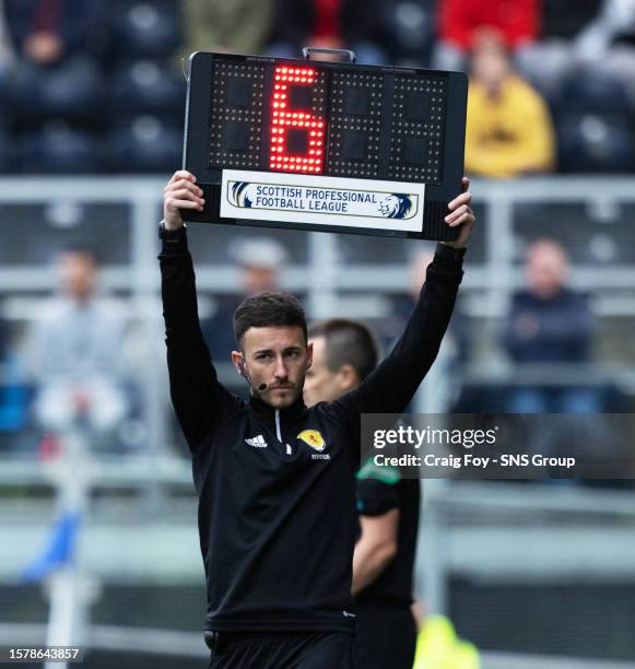 Six Minutes of addiontal time is added on by the Fourth Official during a cinch Premiership match between Kilmarnock and Rangers at Rugby Park, on...