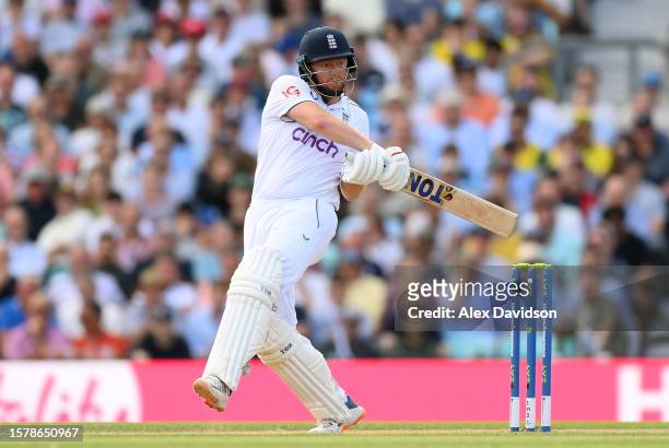 Jonny Bairstow of England hits runs during Day Three of the LV= Insurance Ashes 5th Test Match between England and Australia at The Kia Oval on July...