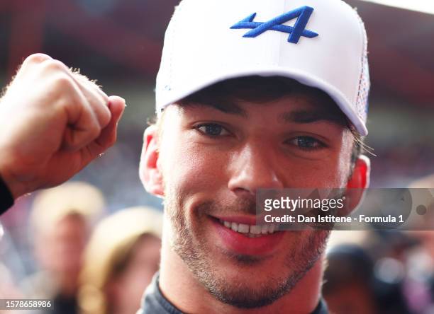 Third placed Pierre Gasly of France and Alpine F1 celebrates in parc ferme during the Sprint ahead of the F1 Grand Prix of Belgium at Circuit de...