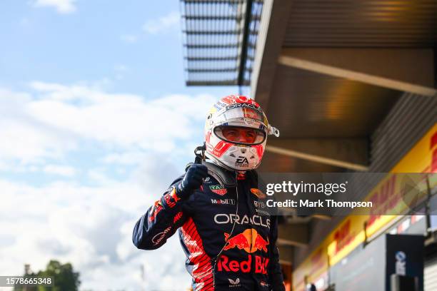 Sprint winner Max Verstappen of the Netherlands and Oracle Red Bull Racing celebrates in parc ferme during the Sprint ahead of the F1 Grand Prix of...