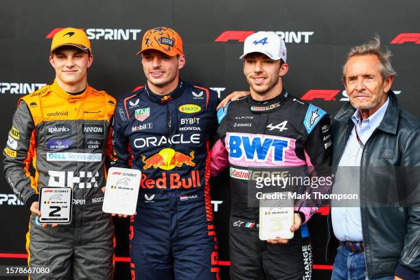 Sprint winner Max Verstappen of the Netherlands and Oracle Red Bull Racing , Second placed Oscar Piastri of Australia and McLaren , Third placed...